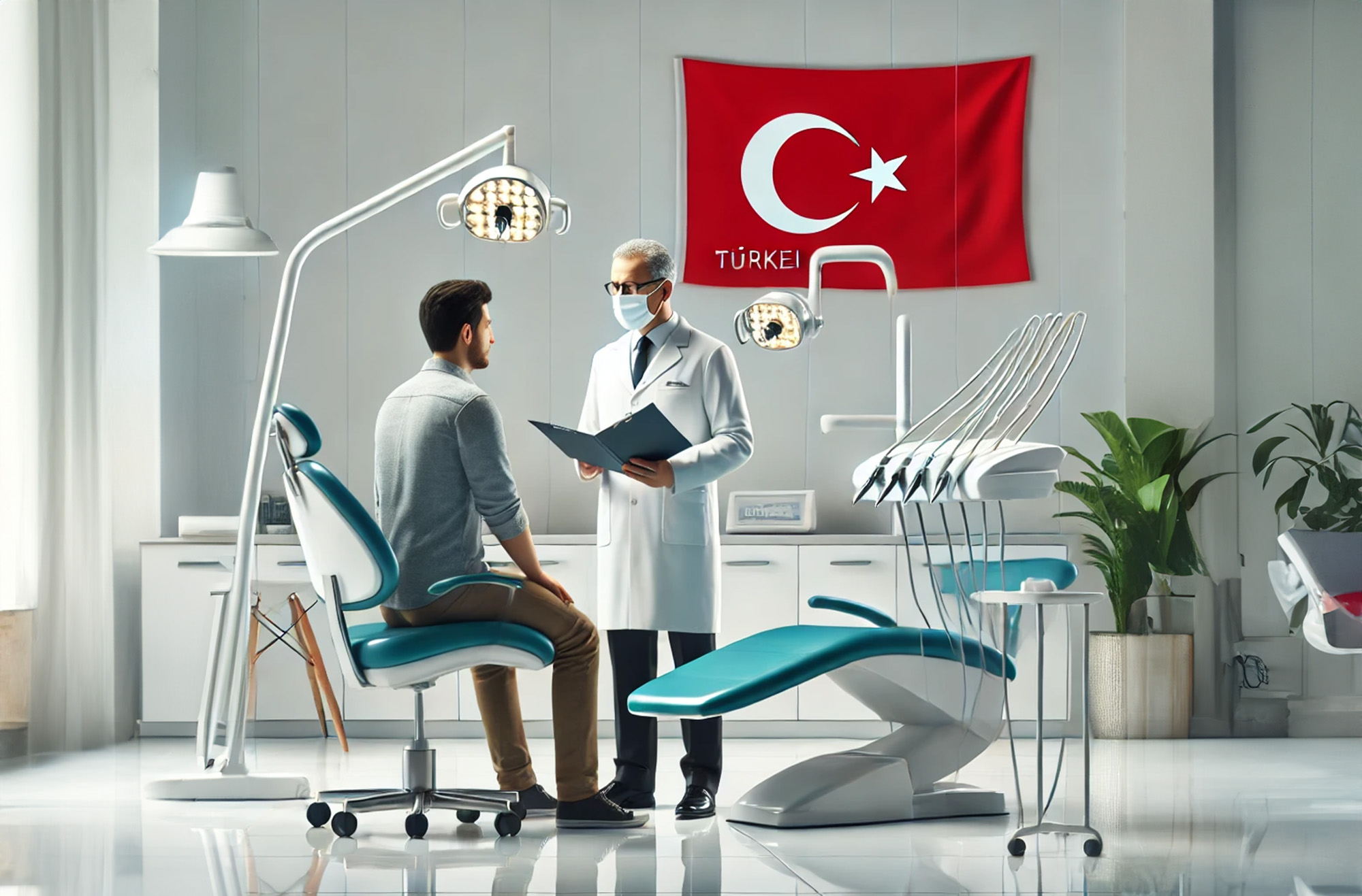 Ein Zahnarzt in einer modernen Klinik in der Türkei berät einen Patienten zu erschwinglichen Zahnbehandlungskosten.