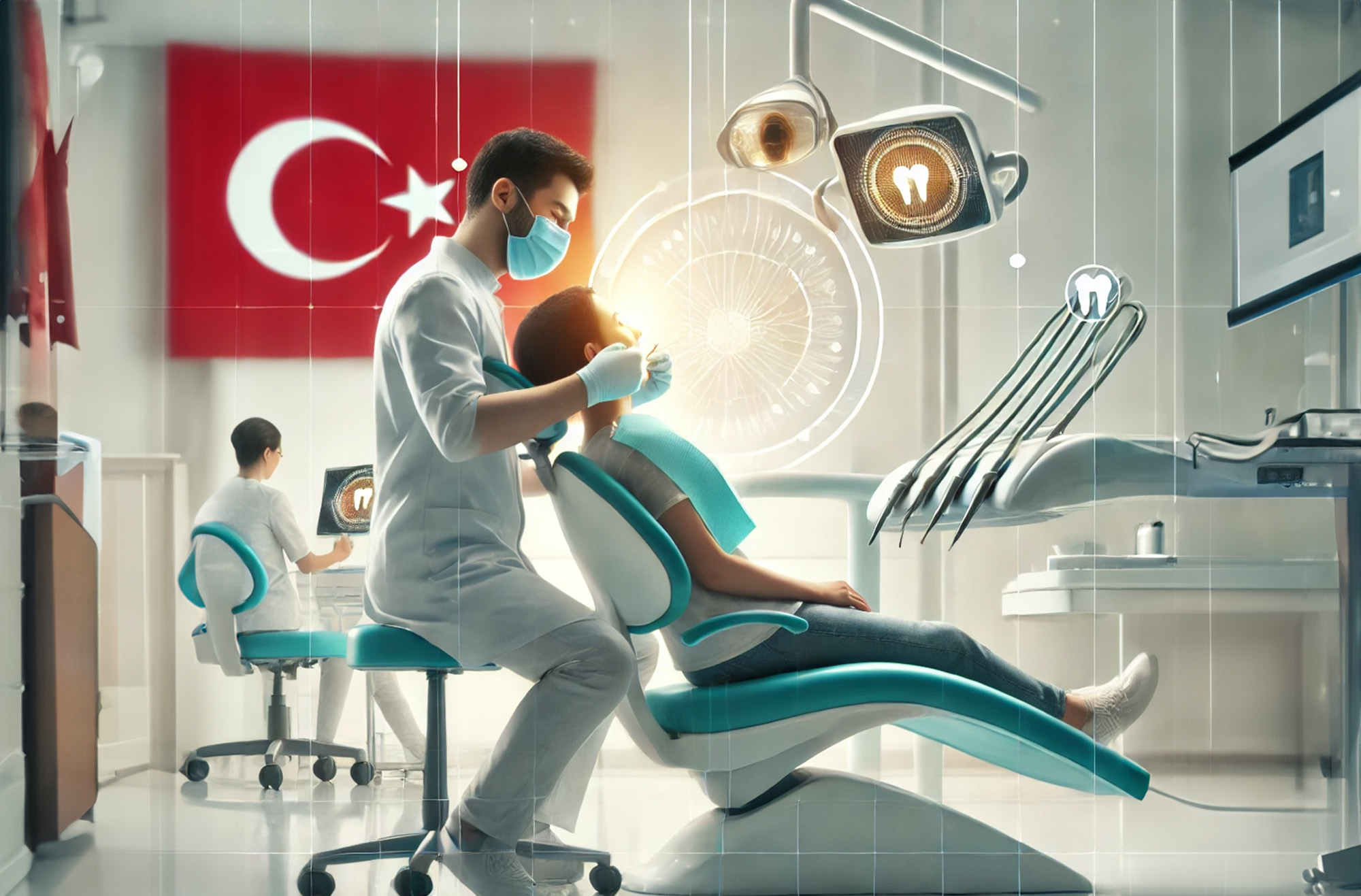 Ein Patient in einer modernen Zahnarztpraxis in der Türkei während einer Zahnbehandlung, mit hochwertiger Ausstattung und einem professionellen Zahnarzt.