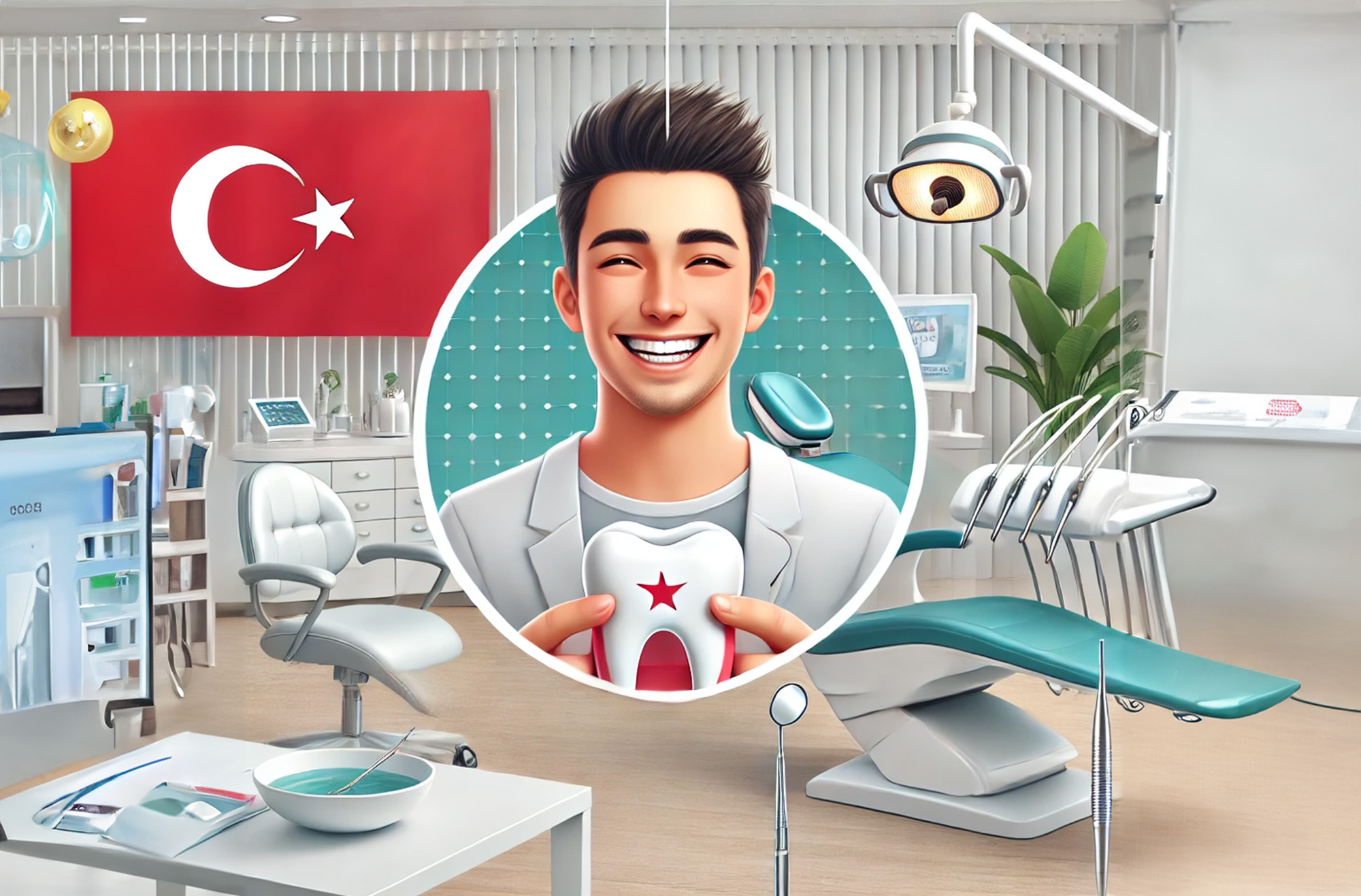 Ein glücklicher Patient in einer modernen Zahnarztpraxis in der Türkei mit strahlenden Zähnen nach der Behandlung.